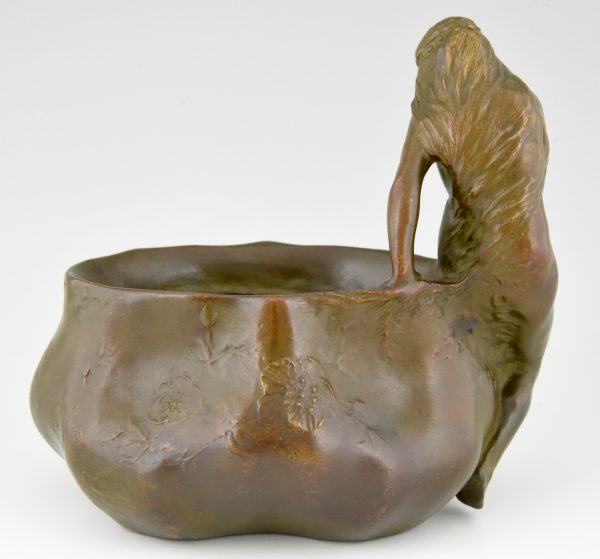 Art Nouveau bronze flower dish with nude