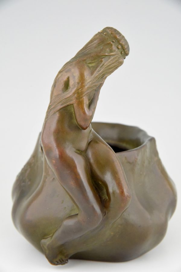 Art Nouveau bronze flower dish with nude