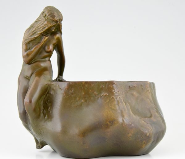 Art Nouveau bronze flower dish with nude