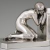 Art Deco serre livres en bronze argenté femme nue et satyr