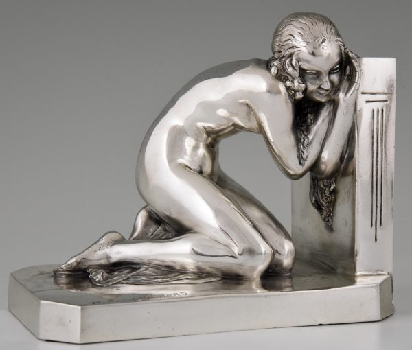 Art Deco Bronze Buchstütze versilbert Frau un Satyr