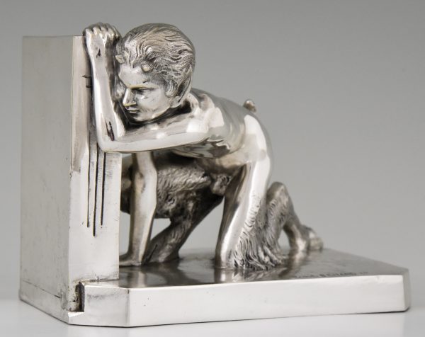 Art Deco silvered bronze bookends nude and satyr