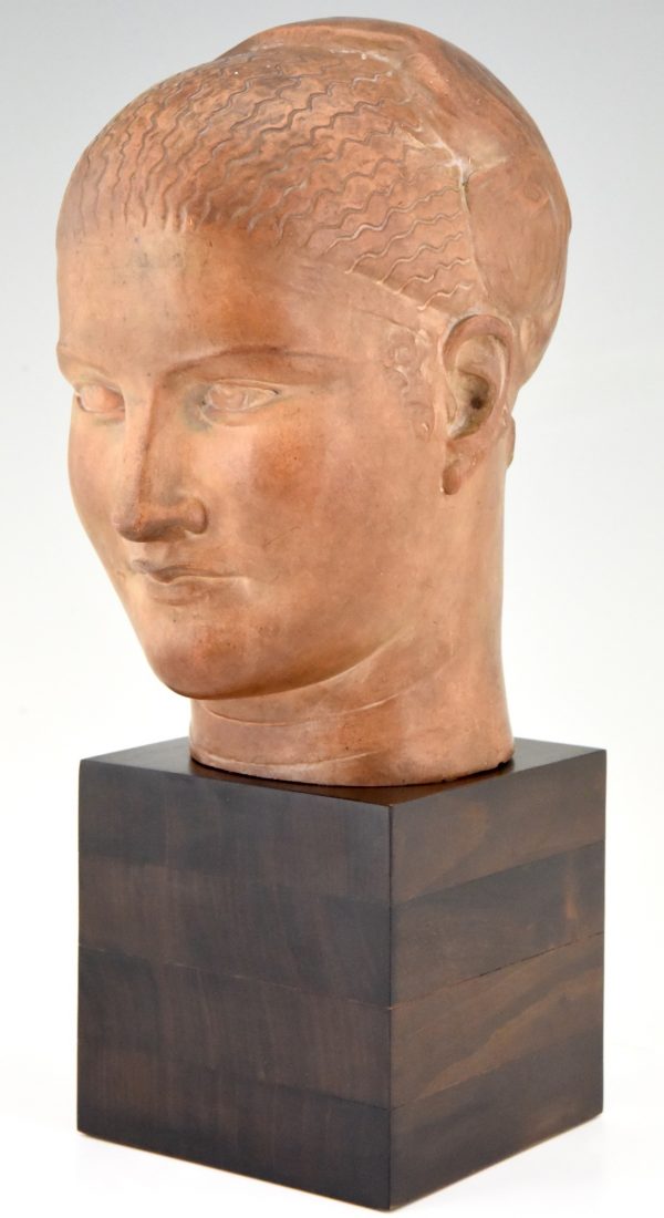 Art Deco vrouwen buste in terracotta, hoofd van een vrouw