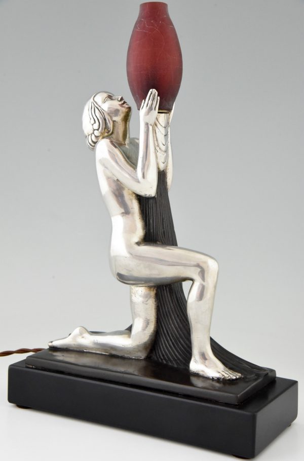 Lampe Art Deco bronze argenté femme nue