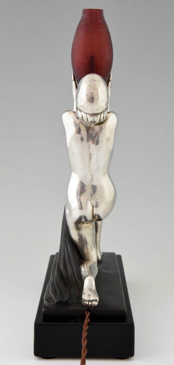 Lampe Art Deco bronze argenté femme nue