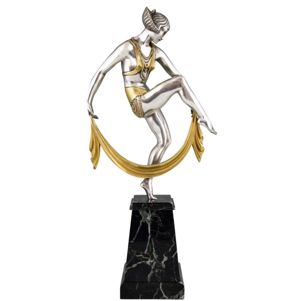 Art Deco silvered bronze sculpture of scarf dancer