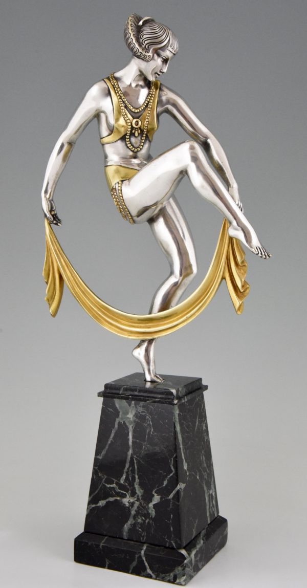 Art Deco silvered bronze sculpture of scarf dancer