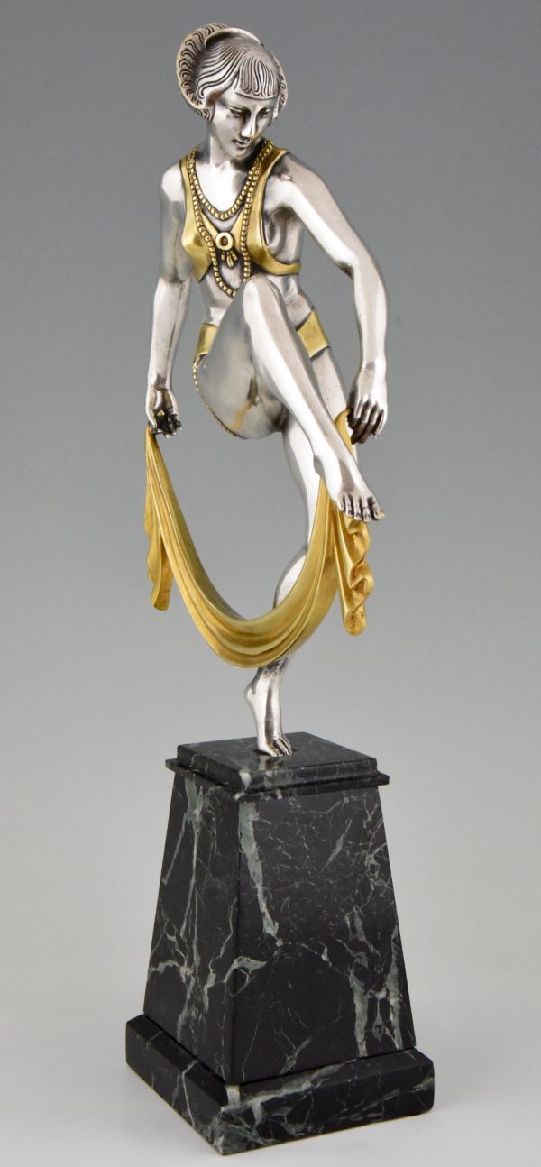 Art Deco silvered bronze sculpture of scarf dancer