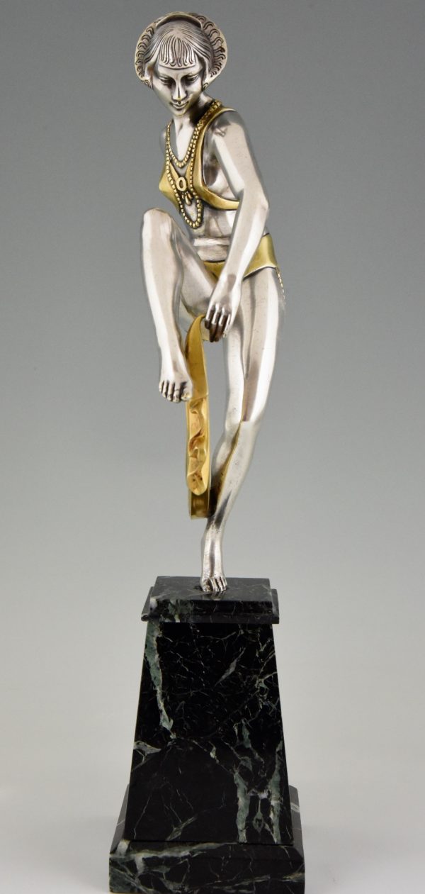 Art Deco silvered bronze sculpture of scarf dancer