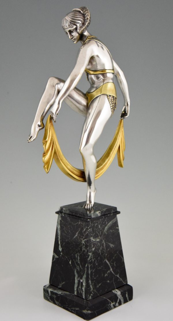 Art Deco silvered bronze sculpture of scarf dancer