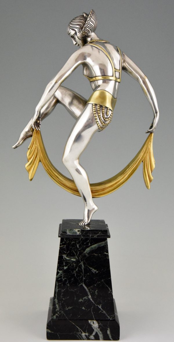 Art Deco silvered bronze sculpture of scarf dancer