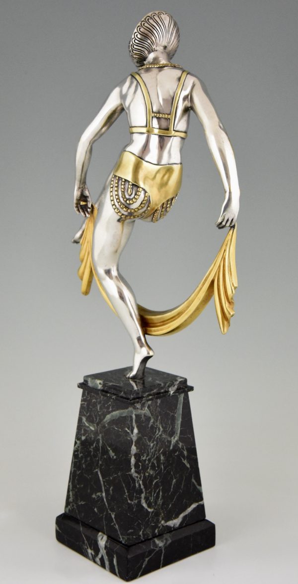 Art Deco silvered bronze sculpture of scarf dancer