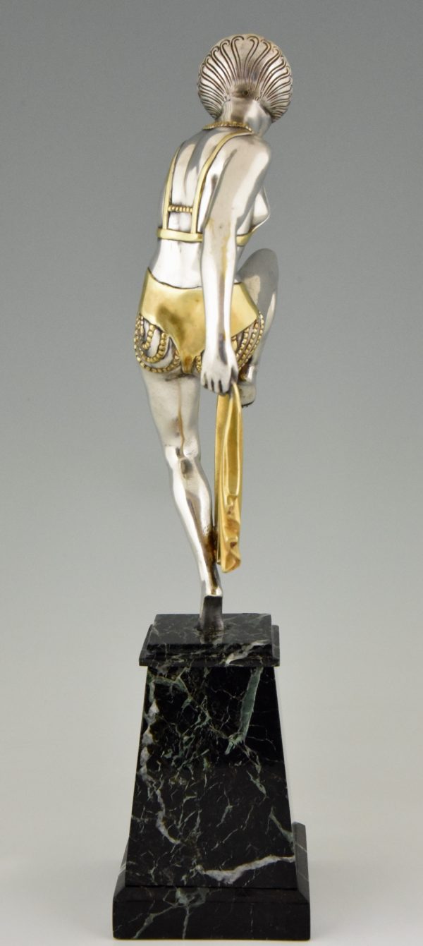 Art Deco silvered bronze sculpture of scarf dancer