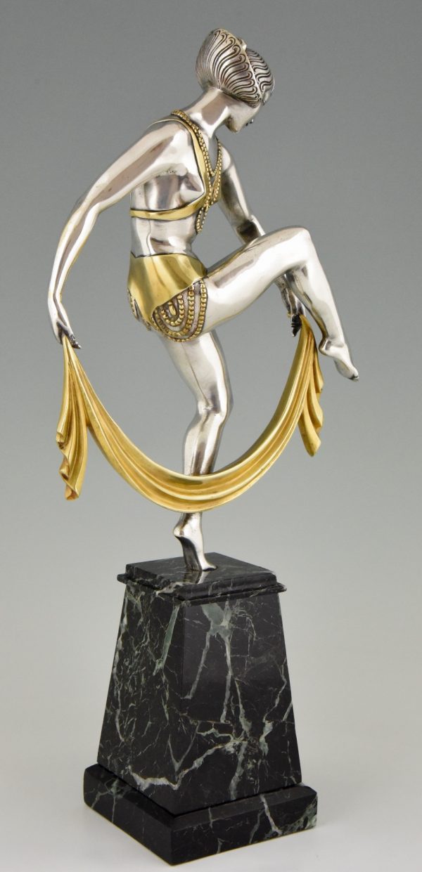 Art Deco silvered bronze sculpture of scarf dancer