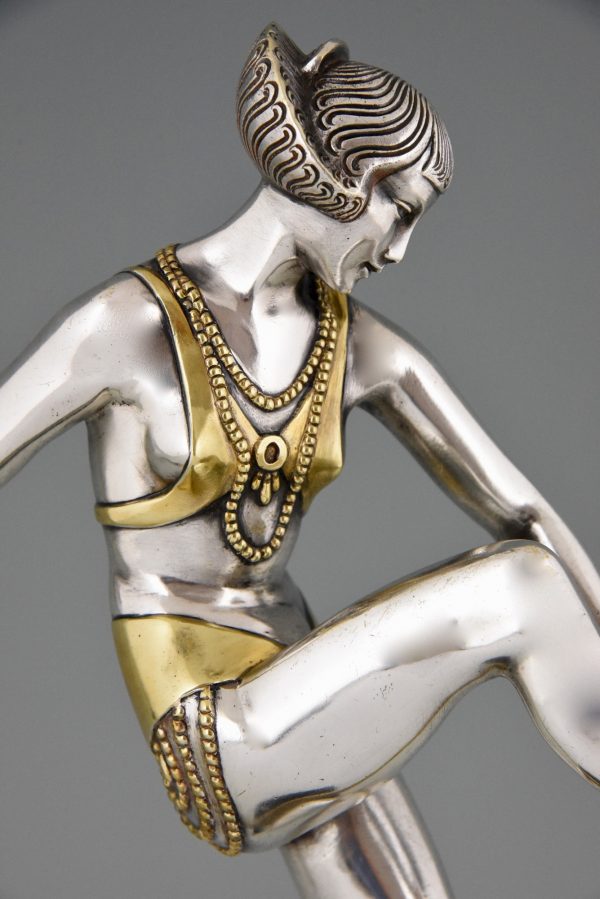 Art Deco silvered bronze sculpture of scarf dancer