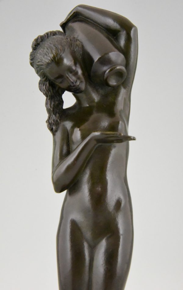 Art Deco bronze sculpture of a nude with jar