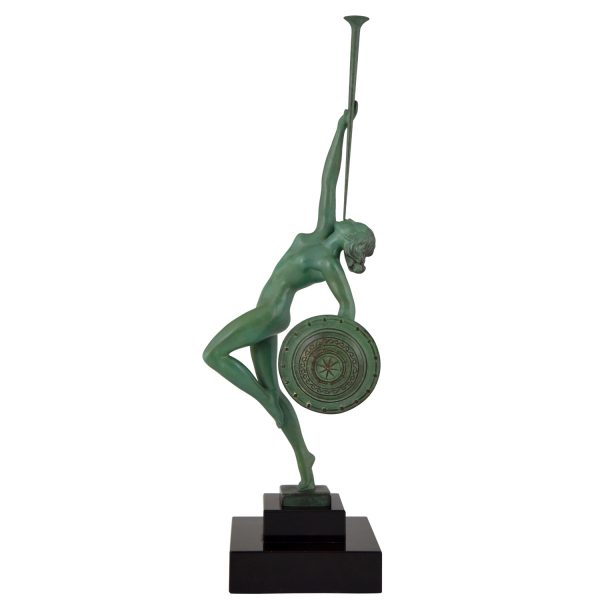 Art Deco sculpture nude with trumpet and shield, Jericho