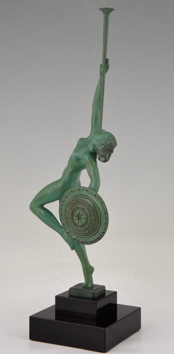 Art Deco sculpture nude with trumpet and shield, Jericho