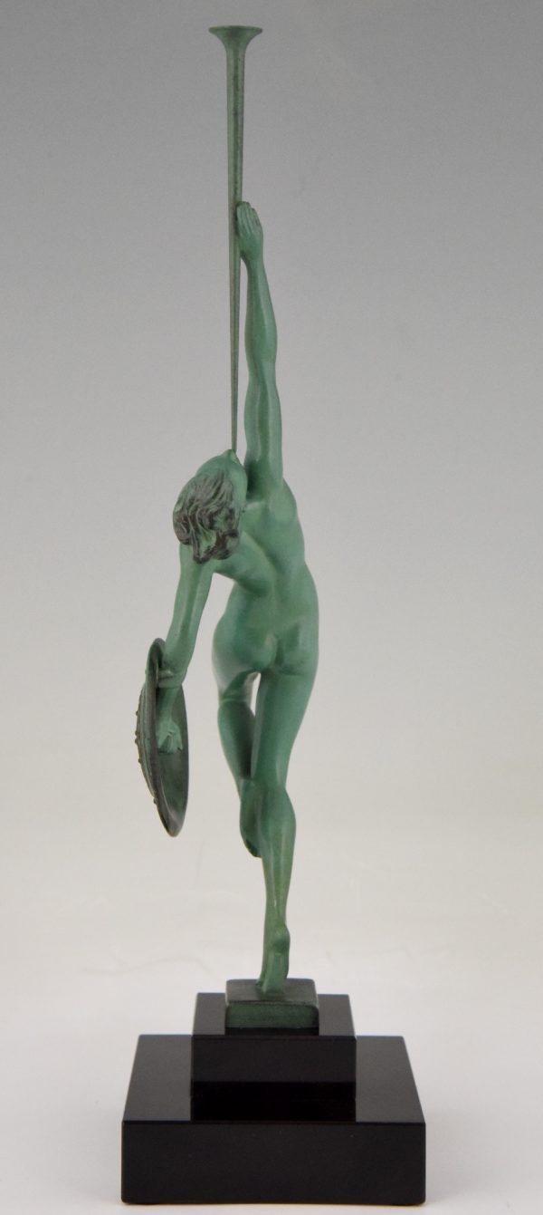 Art Deco sculpture nude with trumpet and shield, Jericho