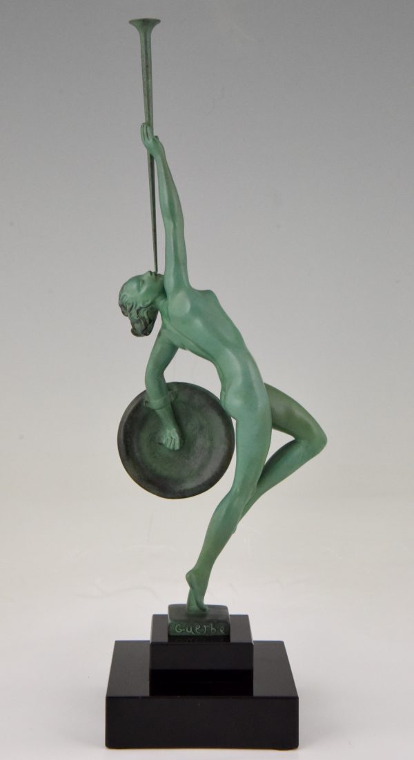 Art Deco sculpture nude with trumpet and shield, Jericho