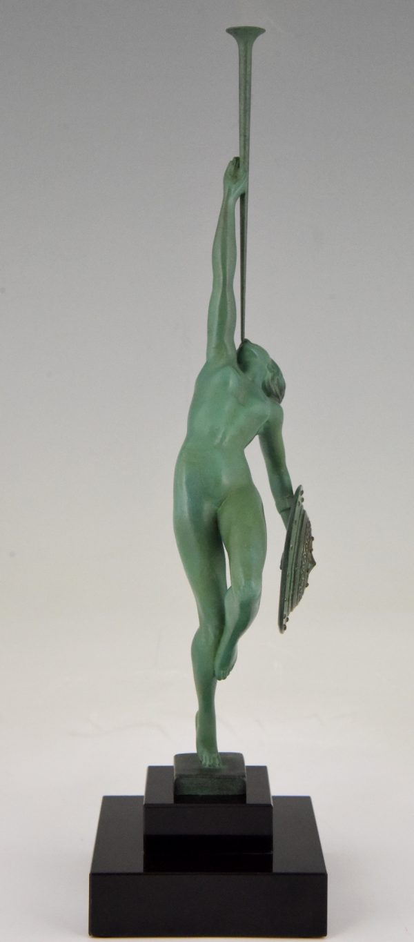 Art Deco sculpture nude with trumpet and shield, Jericho