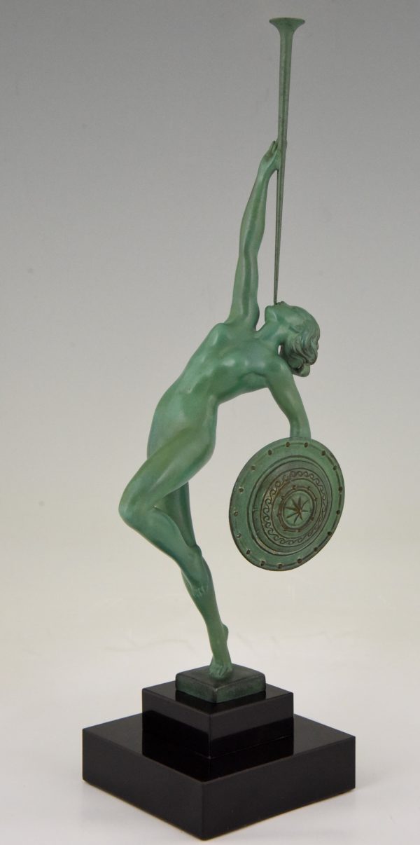 Art Deco sculpture nude with trumpet and shield, Jericho