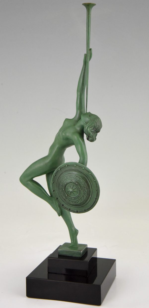 Art Deco sculpture nude with trumpet and shield, Jericho