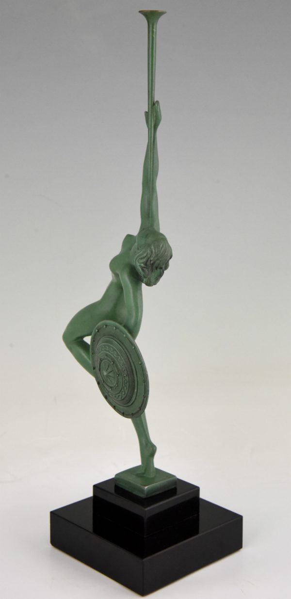 Art Deco sculpture nude with trumpet and shield, Jericho