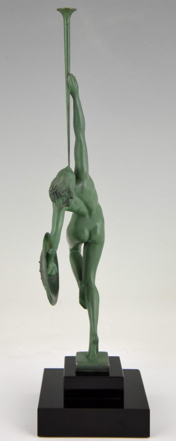 Art Deco sculpture nude with trumpet and shield, Jericho