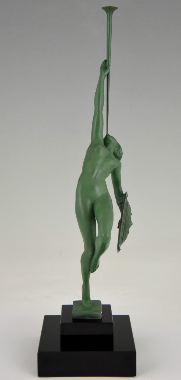 Art Deco sculpture nude with trumpet and shield, Jericho