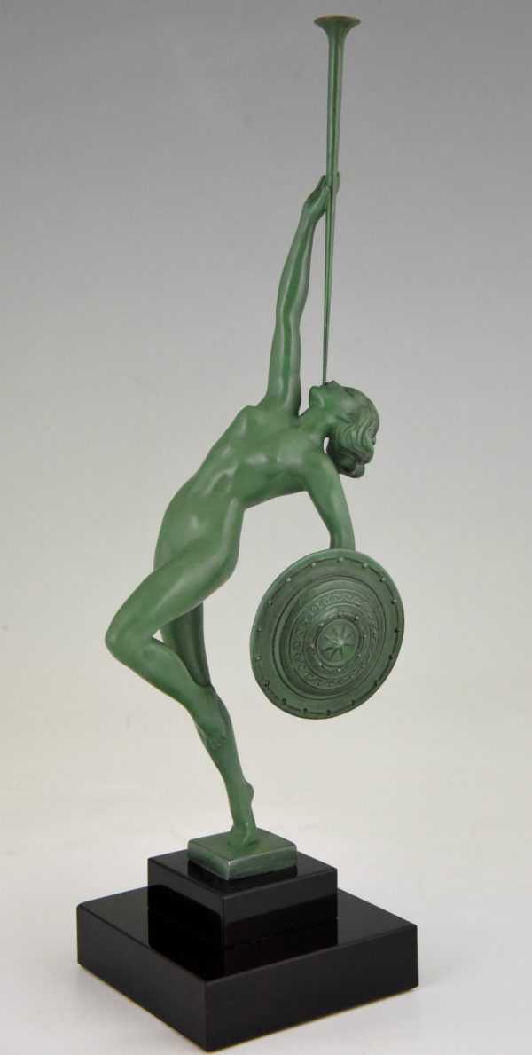 Art Deco sculpture nude with trumpet and shield, Jericho