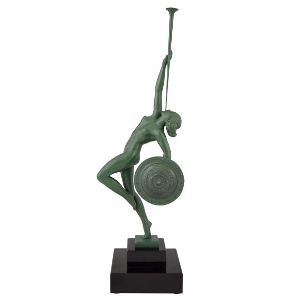 Jericho, Art Deco sculpture nude with trumpet and shield