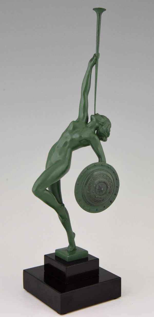 Jericho, Art Deco sculpture nude with trumpet and shield