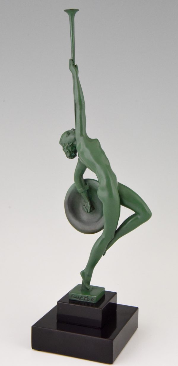 Jericho, Art Deco sculpture nude with trumpet and shield