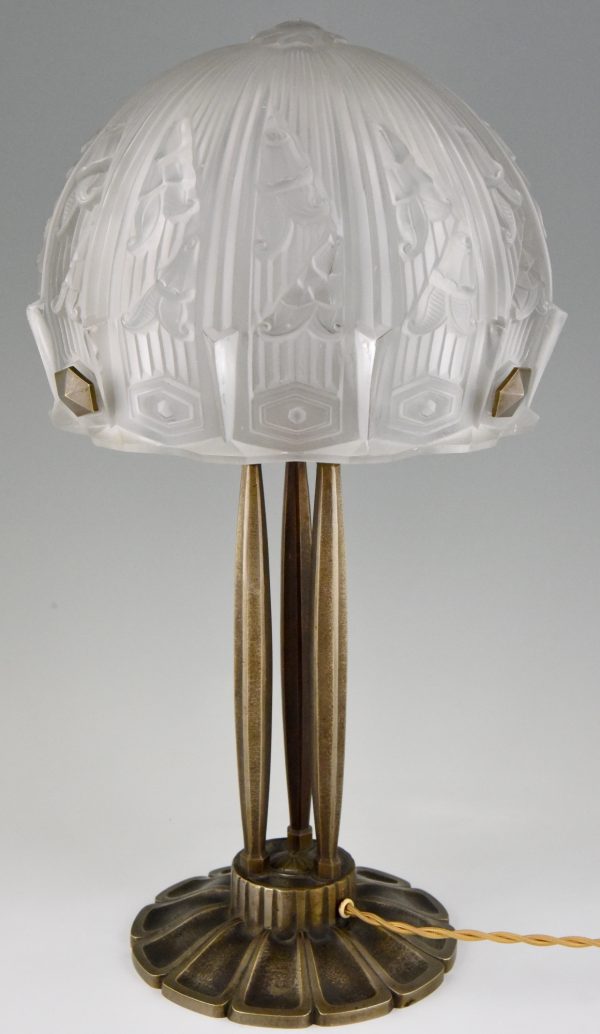 Art Deco tafellamp in brons en glass