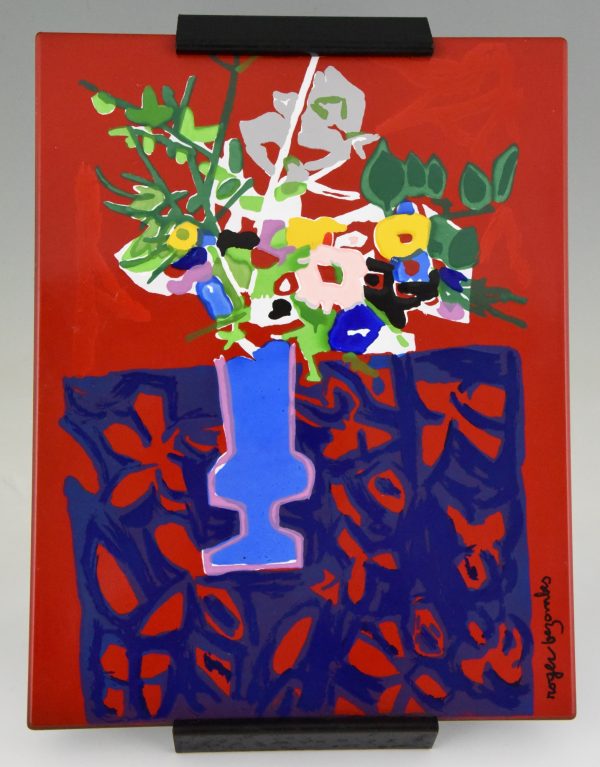 Emaille Plakette Blumenvase Siebziger Jahre