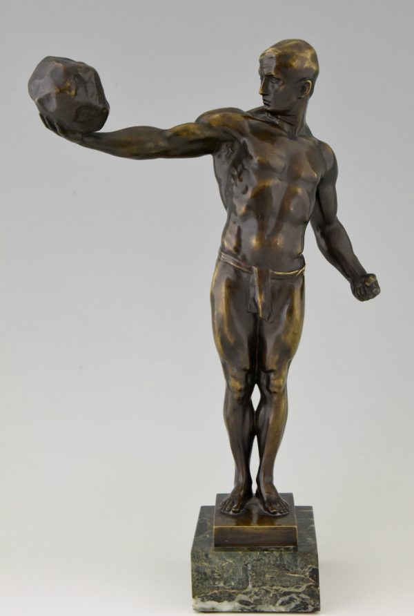 Antique bronze sculpture athletic male nude with stone