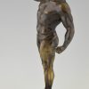 Sculpture athlète bronze homme nu avec pierre