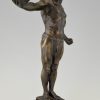 Antique bronze sculpture athletic male nude with stone