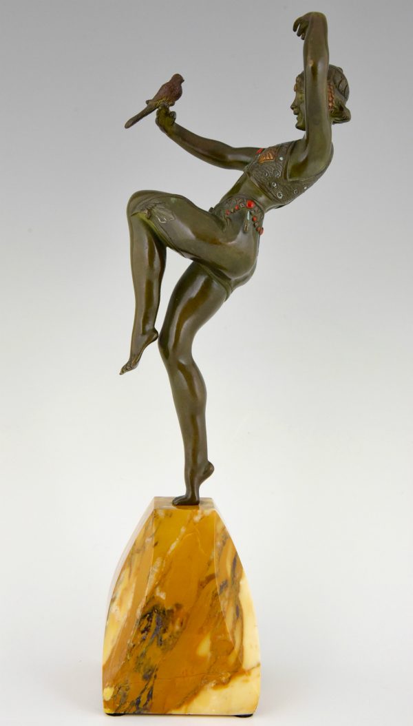 Art deco bronzen beeld danseres met vogel