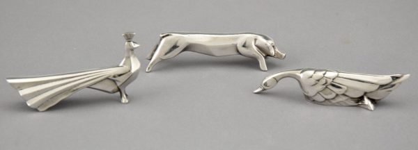 Art Deco set of 12 silvered animal knife rests in case