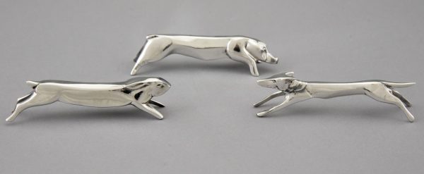 Art Deco set of 12 silvered animal knife rests in case