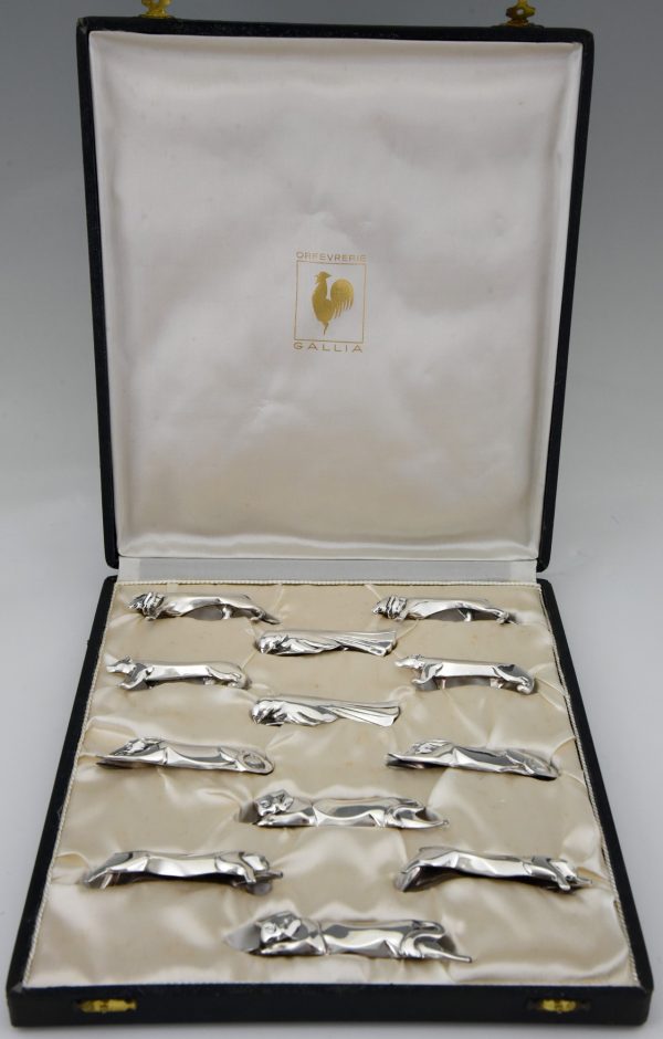 Art Deco set of 12 silvered animal knife rests in case