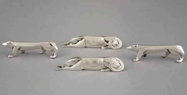 Art Deco set of 12 silvered animal knife rests in case