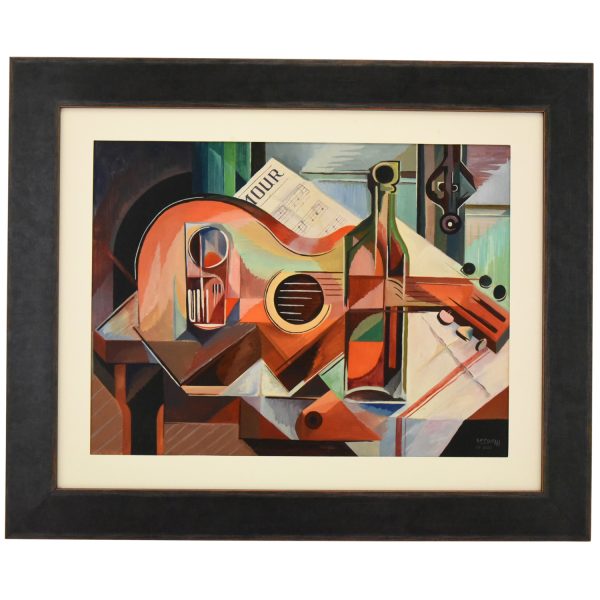 Cubist oil painting still life with guitar