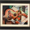 Cubist oil painting still life with guitar