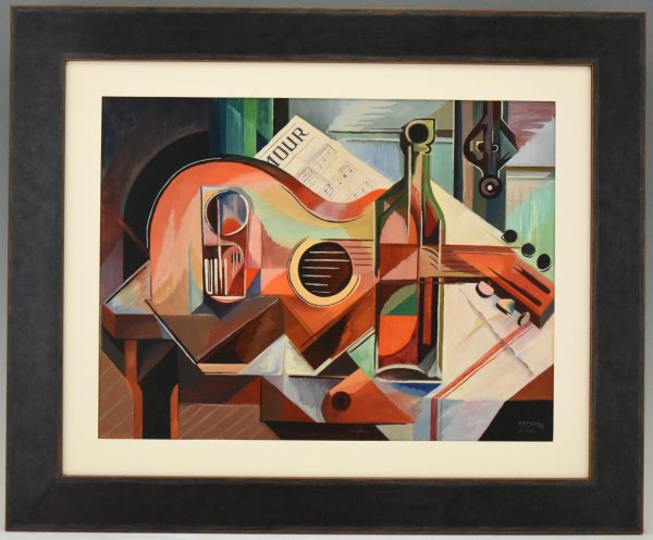 Cubist oil painting still life with guitar