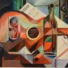 Cubist oil painting still life with guitar