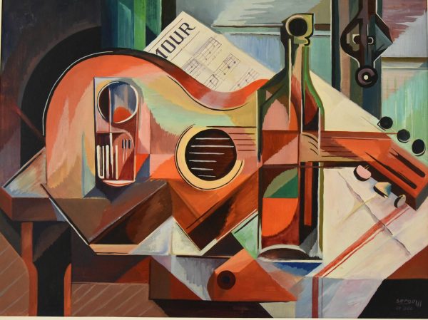 Cubist oil painting still life with guitar