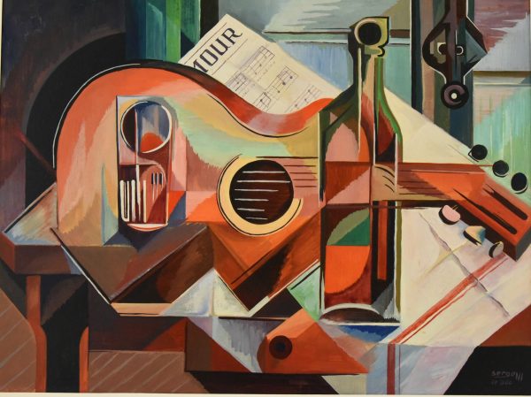 Tableau cubiste nature morte avec guitare